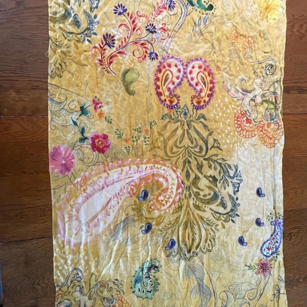 Chico's Floral Paisley Square Scarf Sheer Raw Hem Yellow Multi-Color Lightweight
